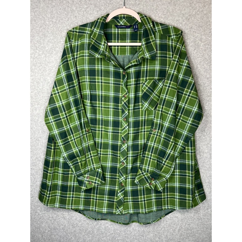 Isaac Mizrahi Live Button Up Shirt Womens Plus 18W Green Blue Plaid Long Sleeve